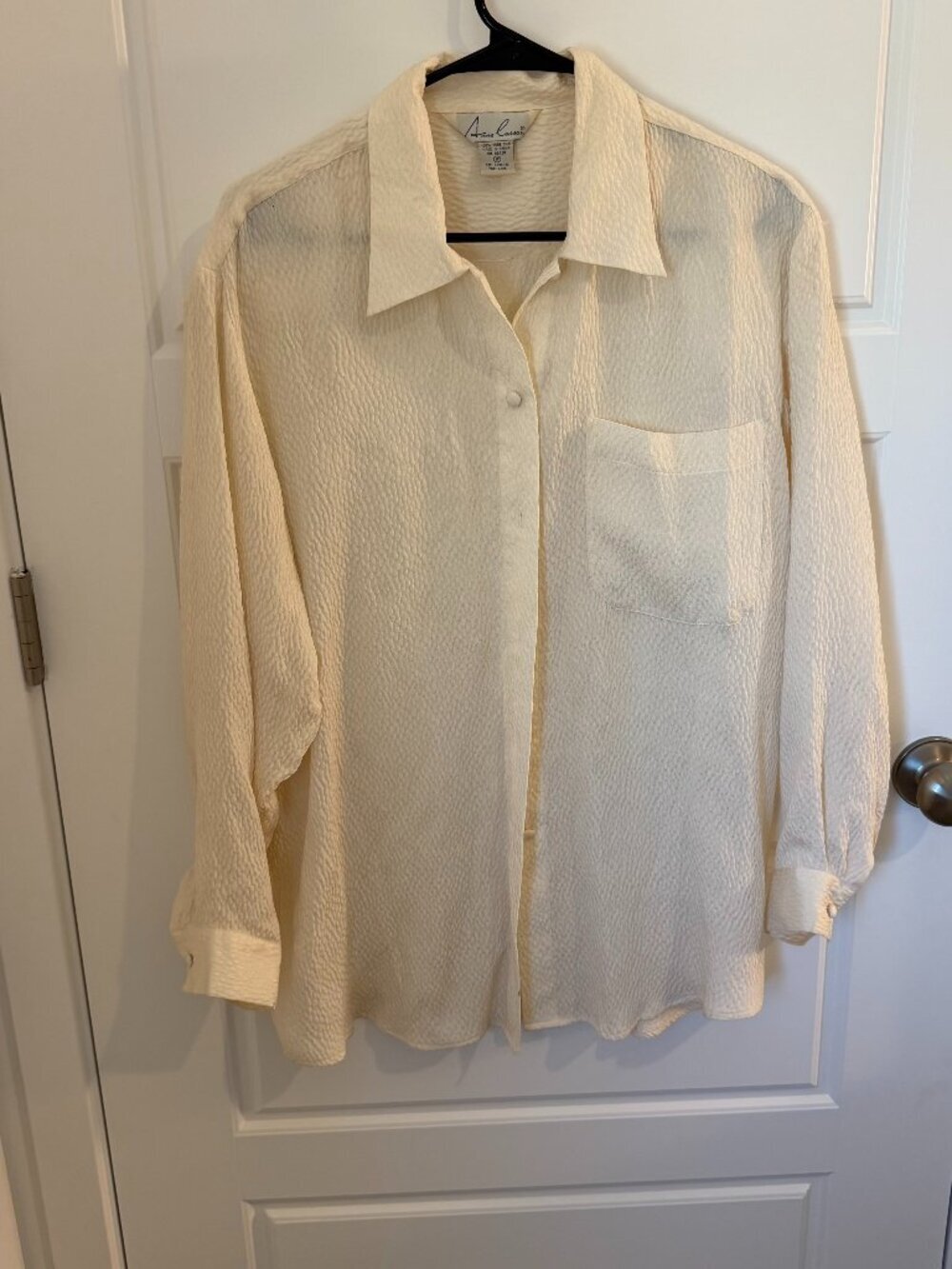 Vintage Anne Carson 100% Silk Ivory Textured Button Front Blouse Womens M